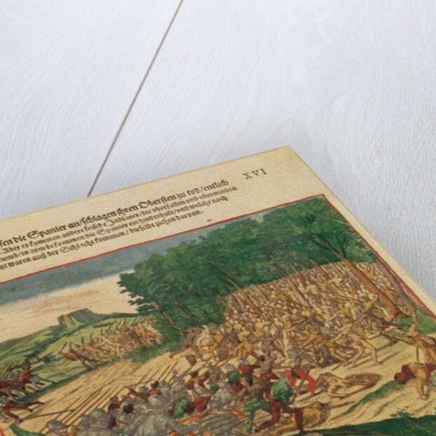 Battle between the Indians and the Spanish in which the Spanish colonel was beaten to death by Theodor de Bry