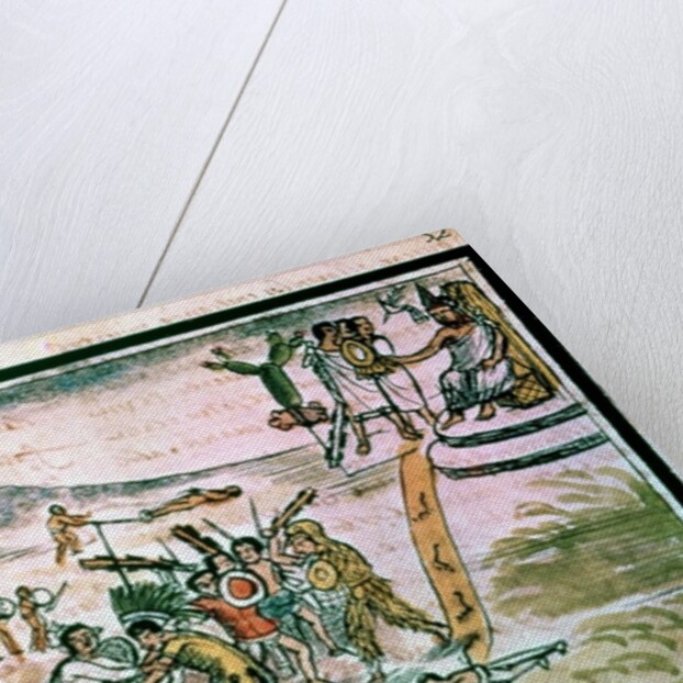 Aztec warriors engage in a ceremonial battle known as the Flowery War, in order to capture future victims for sacrifice by Spanish School