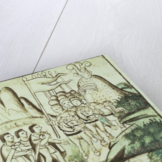 Cortes entering the Valley of Mexico between the volcanoes of Popocatepetl and Ixtaccihuatl by Mexican School