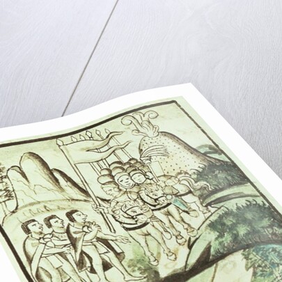 Cortes entering the Valley of Mexico between the volcanoes of Popocatepetl and Ixtaccihuatl by Mexican School