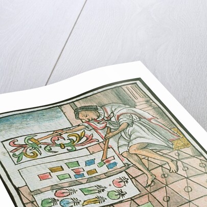 Book IX Aztec feather artisan designing and cutting patterns by Spanish School