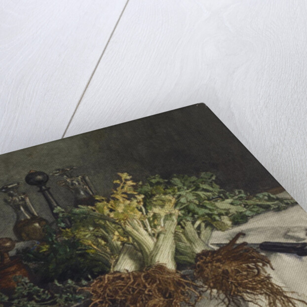 Still Life on Kitchen Table with Celery, Parsley, Bowl and Cruets, 1865 by Leon Bonvin