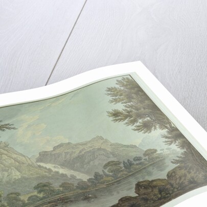 Lodore Rocks - fall & cottage distance by Joseph Farington