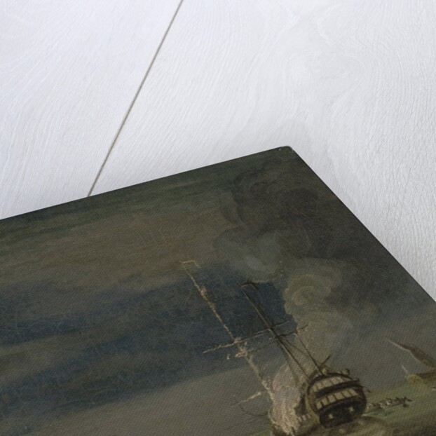 A Two-Decker on Fire at Night off a Fort, c.1740 by Charles Brooking