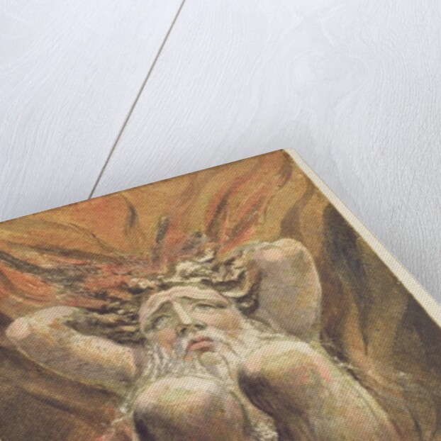 A naked man crouched in flames, with his hands behind his head by William Blake