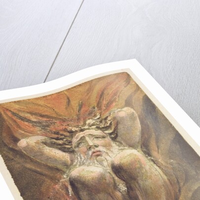 A naked man crouched in flames, with his hands behind his head by William Blake