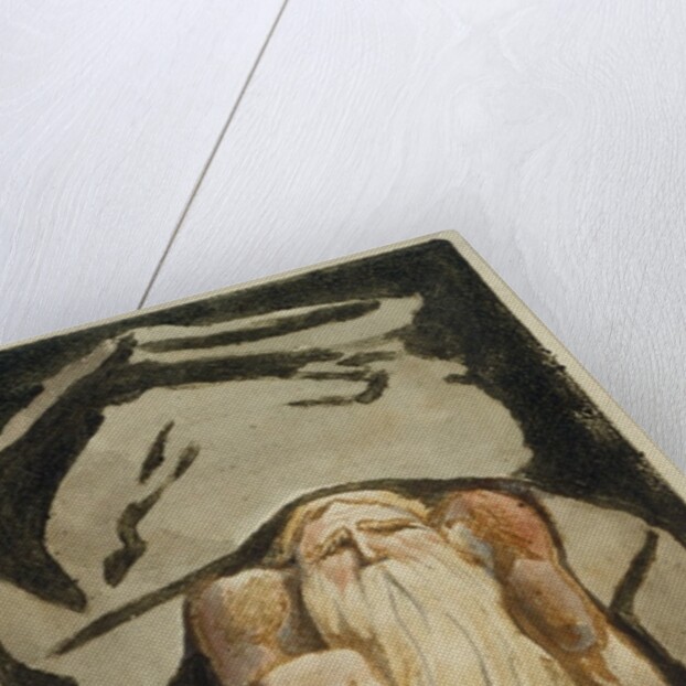 A naked man with a long beard kneeling with one knee raised and both hands on the ground by William Blake