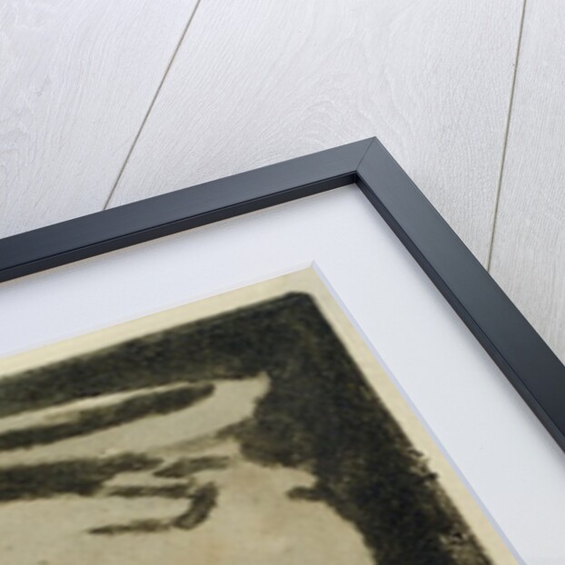 A naked man with a long beard kneeling with one knee raised and both hands on the ground by William Blake