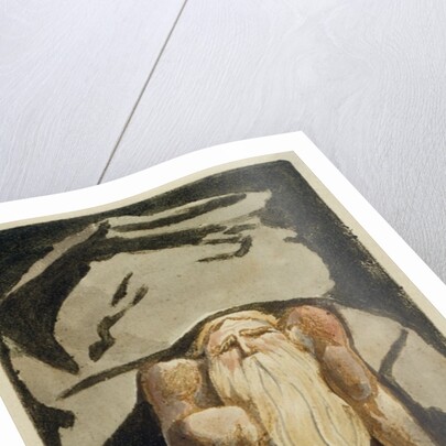 A naked man with a long beard kneeling with one knee raised and both hands on the ground by William Blake