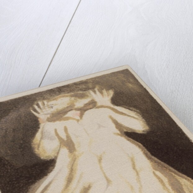 A white haired man in a long, pale robe who flees from us with his hands raised by William Blake