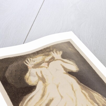 A white haired man in a long, pale robe who flees from us with his hands raised by William Blake