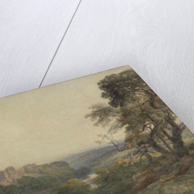 Castle above a River, Woodcutters in the Foreground by Peter de Wint