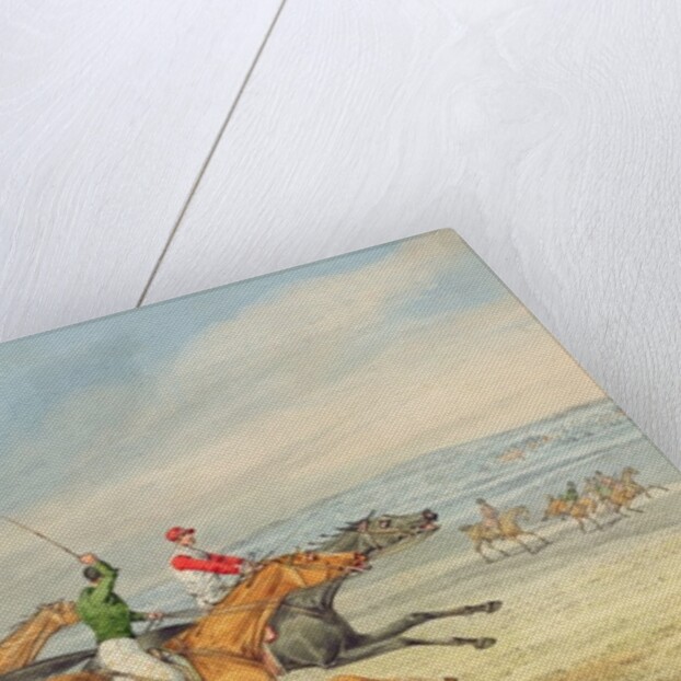 Steeplechasing: Three Riders galloping to right, mounted spectators in background by Henry Thomas Alken