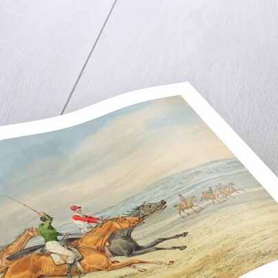 Steeplechasing: Three Riders galloping to right, mounted spectators in background by Henry Thomas Alken