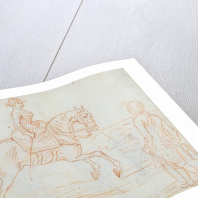 A lady riding side-saddle turns to look at a dismounted rider by James Seymour