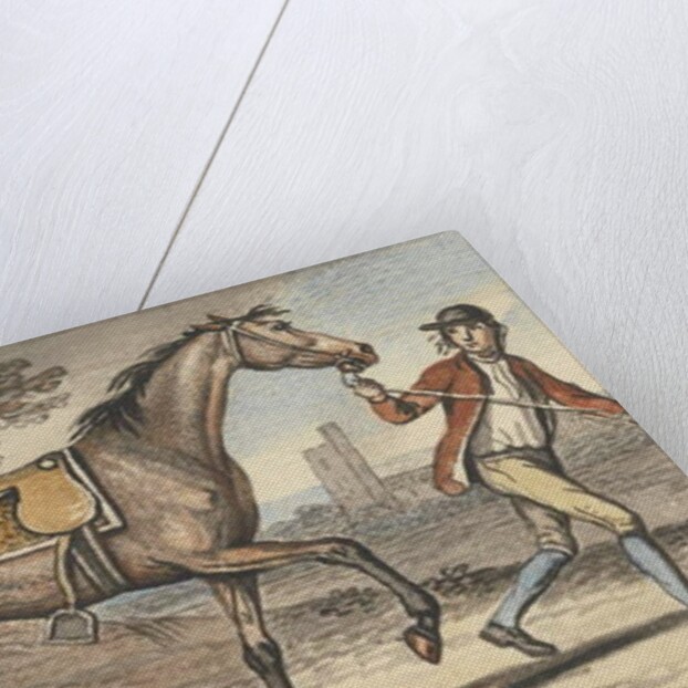 Stable boy leading a trotting Horse in a landscape with a castle tower by John Collet