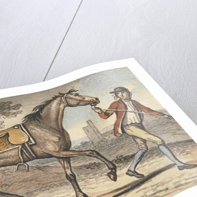 Stable boy leading a trotting Horse in a landscape with a castle tower by John Collet