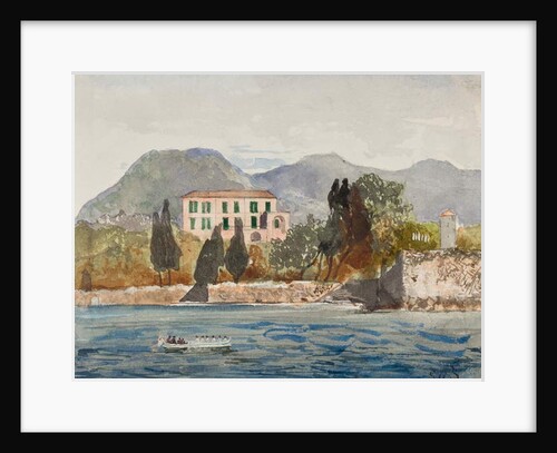 Rowing barge with the Borbone flag approaching a large house on the Neapolitan coast, with additions by Prince Gaetano Maria Federico di Borbone by Giacinto Gigante