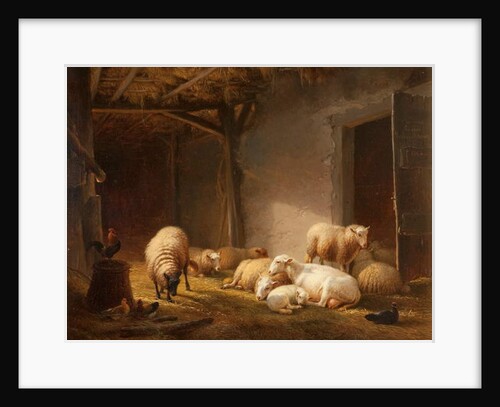A Sunlit Barn with Ewes, Lambs and Chickens by Eugene Joseph Verboeckhoven