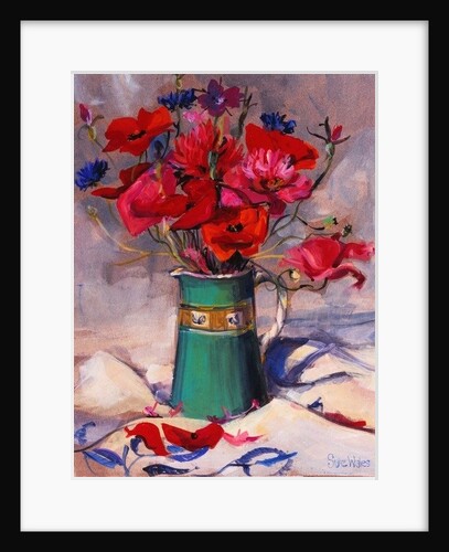 Poppies & cornflowers in green jug, 1994 by Sue Wales