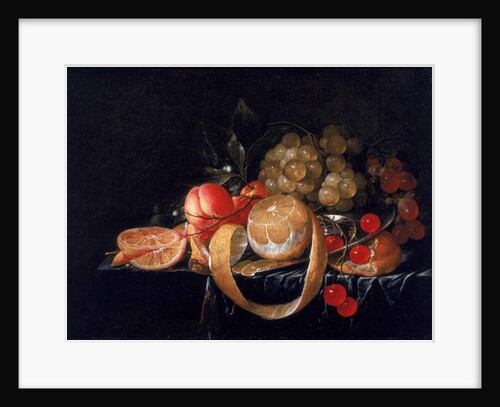 A Still Life with a lemon, grapes, cherries and apricots on a pewter plate by Cornelis de Heem