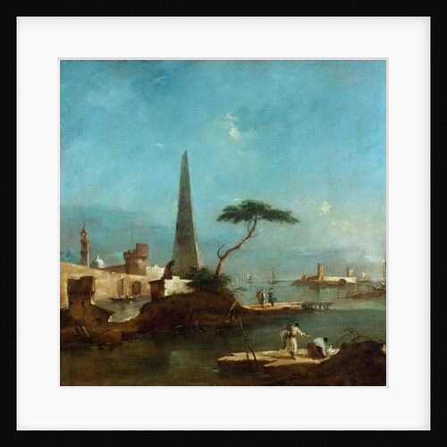 Obelisk beside the entrance to a walled harbour by Francesco Guardi