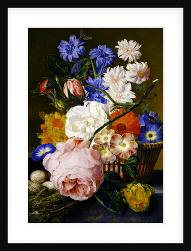 Roses, morning glory, narcissi, aster and other flowers in a basket, with eggs in a nest on a marble ledge, 1744 by Jan van Huysum