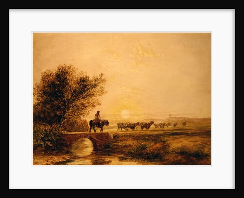 A Mounted Drover with Cattle Crossing a Bridge at Sunset by David Cox