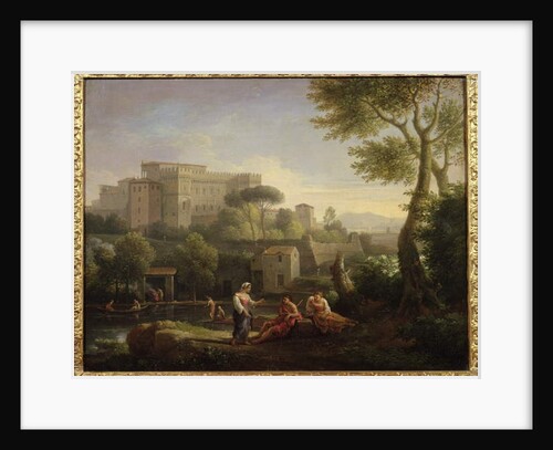 Landscape with figures and a fortress by a river by Jan Frans van Bloemen