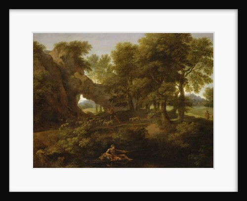 Landscape with a fisherman, a shepherd and other figures by Gaspard Poussin Dughet