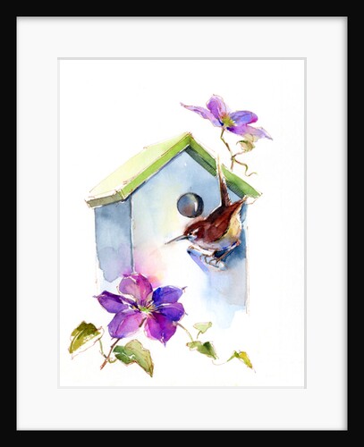 Wren with birdhouse and clematis, 2016 by John Keeling