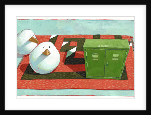 Two Birds and telephone exchange box B07103 on warren fletcher maze rug, 2017 by Thomas MacGregor