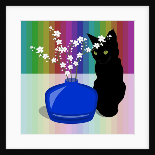 Blue Glass Vase with blossom and black cat, 2017 by Claire Huntley