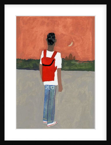 A traveler carrying a red backpack, 2016 by Hiroyuki Izutsu