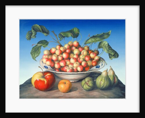 Cherries in Delft bowl with red and yellow apple by Amelia Kleiser