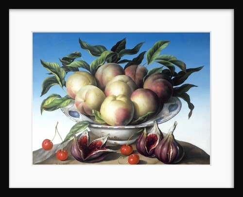 Peaches in Delft bowl with purple figs by Amelia Kleiser