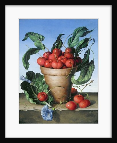 Cherries in terracotta with blue flower by Amelia Kleiser