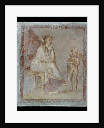 Framed vignette painted in fresco on a green wall: Cupid reveals the contents of a gilded box to a seated woman, 65-75 AD by Roman