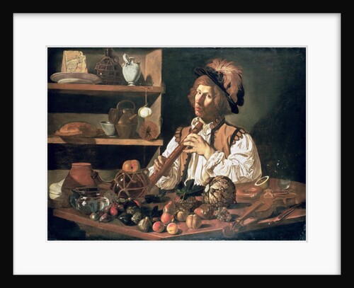Interior with a Still Life and a Young Man Holding a Recorder, 17th century by Cecco del Caravaggio