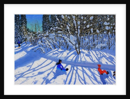 Sledging and skiing down the trail, Morzine, 2015 by Andrew Macara