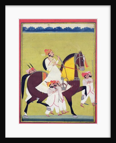 Portrait of Kumbhawat Kesari Singh of Asop, riding a horse, smoking a hookah and accompanied by attendants, Jodhpur, c.1810-20 by Indian School