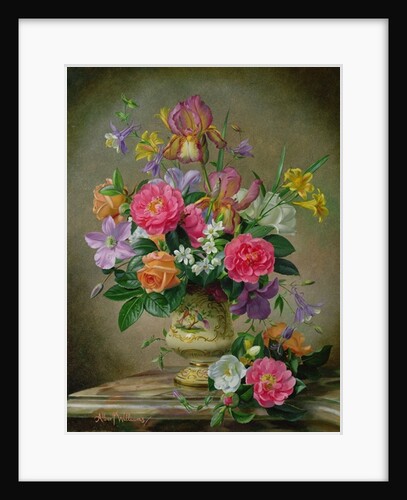 Peonies and irises in a ceramic vase by Albert Williams