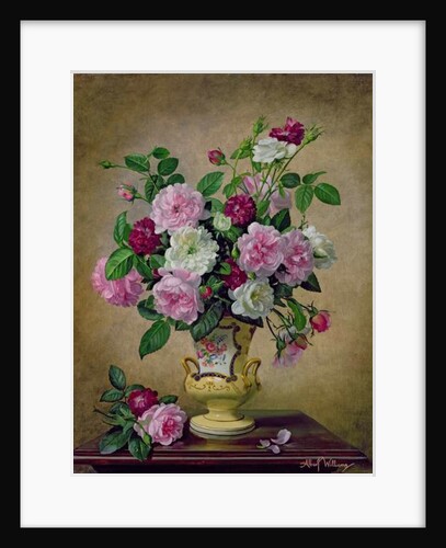 Roses and dahlias in a ceramic vase by Albert Williams