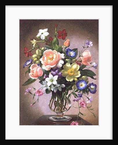 Roses, Peonies and Freesias in a glass vase by Albert Williams