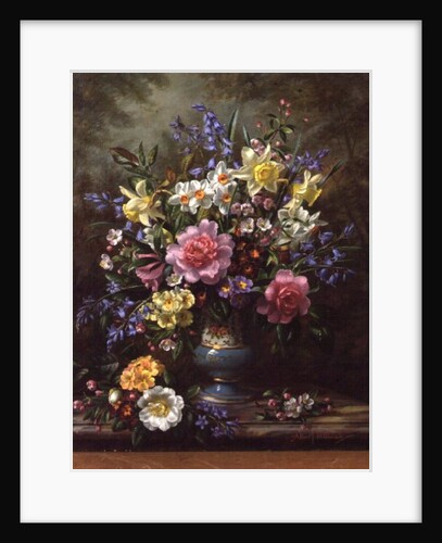 AB/200/2 Bluebells, daffodils, primroses and peonies in a blue vase by Albert Williams