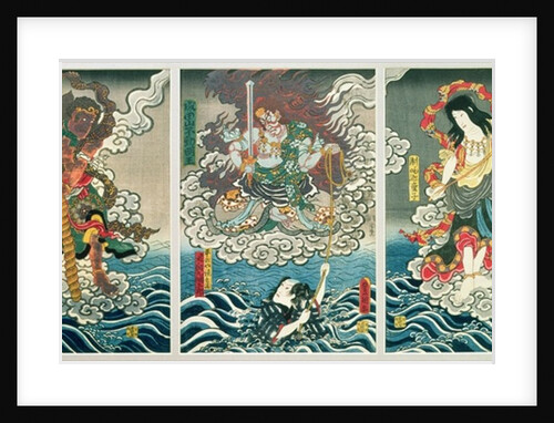 The actor Ichikawa Ebizo V as the deity Fudo Myoo rescuing Ichikawa Danjuro VIII as Honcho-maru Tsunagoro/Hiranoya Tokubei by Utagawa Kunisada