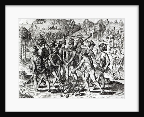 Spaniards receiving gifts from Indians by Jacques Le Moyne