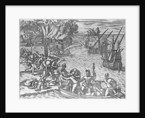 The French Fleet Plundering and Setting Fire to the Town of Chioreram, engraved by Theodore de Bry by German School