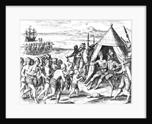 Sir Walter Raleigh trying to establish friendship with King Arromaia of Guiana by Jacques (d.1587/88) (after) Le Moyne