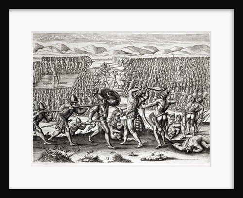 Outina defeats Patanou with the aid of the French, Florida, 1564 by Jacques (d.1587/88) (after) Le Moyne